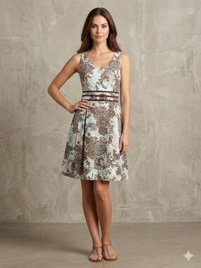 Just In Thyme V-Neck Brown Floral Midi Dress in Light Blue
